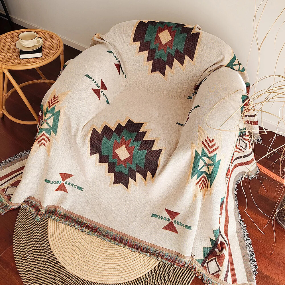 Boho Throw Blanket Fringe - Manta azteca bohemia de gran tamaño
